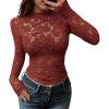 imageBTFBM Mesh Long Sleeve Tops for Women Lace Sexy Sheer See Through Crew Neck Tight Shirt Fall 2025 Party Club OutfitsRed Brown