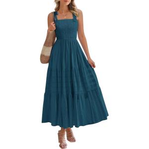 imageBTFBM Boho Maxi Dress Sleeveless Summer Dresses for Women 2026 Beach Vacation Smocked A Line Casual Sundress PocketsLake Blue