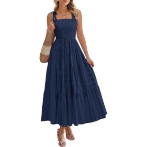 imageBTFBM Boho Maxi Dress Sleeveless Summer Dresses for Women 2026 Beach Vacation Smocked A Line Casual Sundress PocketsNavy Blue
