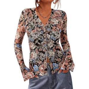 imageBTFBM Button Down Shirts for Women Fall Fashion 2025 V Neck Long Sleeve Blouse Ruched Mesh Fitted Floral Print Boho TopsFloral Black Orange