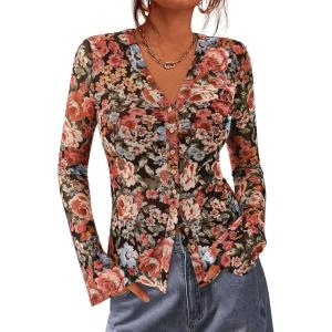 imageBTFBM Button Down Shirts for Women Fall Fashion 2025 V Neck Long Sleeve Blouse Ruched Mesh Fitted Floral Print Boho TopsFloral Black Red