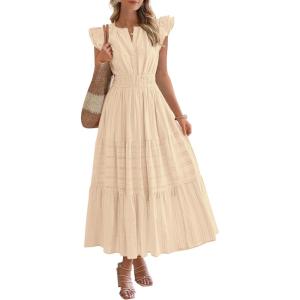 imageBTFBM Dresses for Women Spring 2026 Maxi Casual Dress Flutter Short Sleeve V Neck Elastic Waist Boho Beach Vacation PocketsApricot