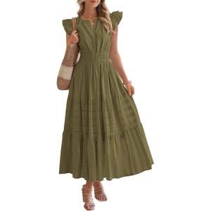 imageBTFBM Dresses for Women Spring 2026 Maxi Casual Dress Flutter Short Sleeve V Neck Elastic Waist Boho Beach Vacation PocketsArmy Green