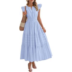 imageBTFBM Dresses for Women Spring 2026 Maxi Casual Dress Flutter Short Sleeve V Neck Elastic Waist Boho Beach Vacation PocketsLight Blue