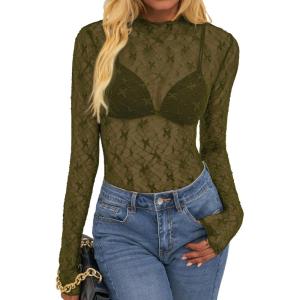 imageBTFBM Lace Tops for Women 2025 See Through Mesh Top Crew Neck Long Sleeve Fitted Sheer Party Club Outfits Fall FashionArmy Green