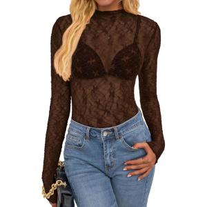 imageBTFBM Lace Tops for Women 2025 See Through Mesh Top Crew Neck Long Sleeve Fitted Sheer Party Club Outfits Fall FashionBrown