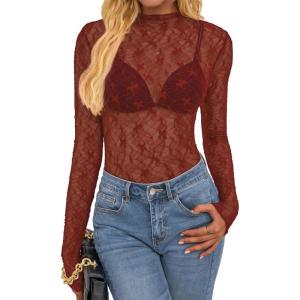 imageBTFBM Lace Tops for Women 2025 See Through Mesh Top Crew Neck Long Sleeve Fitted Sheer Party Club Outfits Fall FashionBurnt Orange