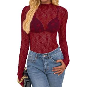 imageBTFBM Lace Tops for Women 2025 See Through Mesh Top Crew Neck Long Sleeve Fitted Sheer Party Club Outfits Fall FashionRed