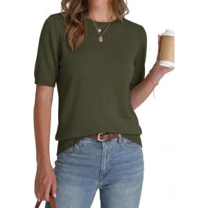 imageBTFBM Short Sleeve Sweater for Women Spring Tops Crew Neck Lightweight Pullover Loose Dressy Casual Blouse Basic ClothesArmy Green