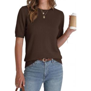 imageBTFBM Short Sleeve Sweater for Women Spring Tops Crew Neck Lightweight Pullover Loose Dressy Casual Blouse Basic ClothesBrown
