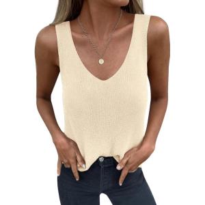 imageBTFBM Sweater Vest Women 2026 Spring Summer Sleeveless V Neck Ribbed Knit Basic Loose Fit Tank Tops Vacation OutfitsBeige