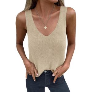 imageBTFBM Sweater Vest Women 2026 Spring Summer Sleeveless V Neck Ribbed Knit Basic Loose Fit Tank Tops Vacation OutfitsLight Khaki