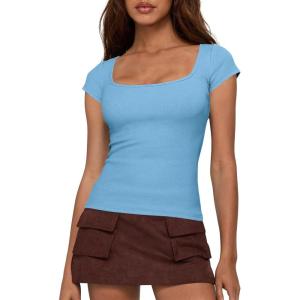 imageBTFBM T Shirts for Women Square Neck Crop Tops 2025 Spring Trendy Fashion Going Out Workout Y2k Clothes Summer OutfitsLight Blue