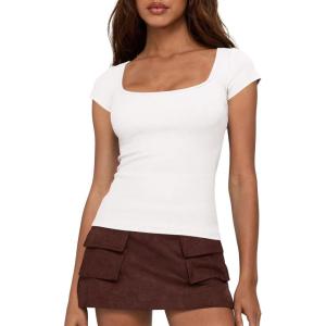imageBTFBM T Shirts for Women Square Neck Crop Tops 2025 Spring Trendy Fashion Going Out Workout Y2k Clothes Summer OutfitsWhite