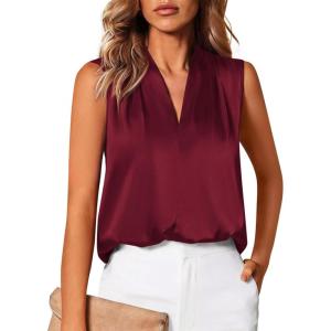 imageBTFBM Tank Top for Women 2026 Summer Satin V Neck Pleated Sleeveless Blouses Dressy Casual Work Business Casual OutfitsBurgundy