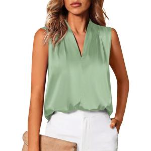 imageBTFBM Tank Top for Women 2026 Summer Satin V Neck Pleated Sleeveless Blouses Dressy Casual Work Business Casual OutfitsSage Green