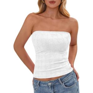 imageBTFBM Tube Tops for Women Spring Summer 2026 Backless Fitted Floral Embroidery Going Out Bandeau Top Beach VacationWhite