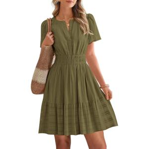 imageBTFBM Womens Spring 2026 Casual Mini Dresses Lightweight Short Sleeve V Neck Elastic Waist Cute Boho Beach Dress PocketsArmy Green