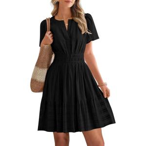 imageBTFBM Womens Spring 2026 Casual Mini Dresses Lightweight Short Sleeve V Neck Elastic Waist Cute Boho Beach Dress PocketsBlack