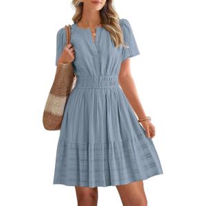 imageBTFBM Womens Spring 2026 Casual Mini Dresses Lightweight Short Sleeve V Neck Elastic Waist Cute Boho Beach Dress PocketsBlue Grey