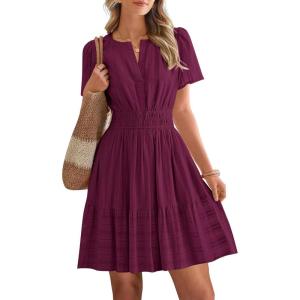 imageBTFBM Womens Spring 2026 Casual Mini Dresses Lightweight Short Sleeve V Neck Elastic Waist Cute Boho Beach Dress PocketsBurgundy