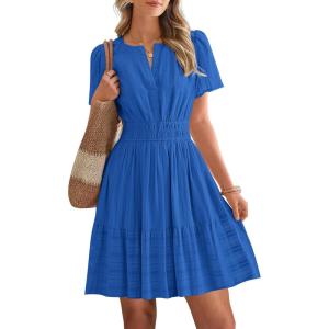 imageBTFBM Womens Spring 2026 Casual Mini Dresses Lightweight Short Sleeve V Neck Elastic Waist Cute Boho Beach Dress PocketsRoyal Blue