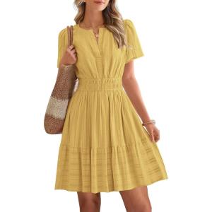 imageBTFBM Womens Spring 2026 Casual Mini Dresses Lightweight Short Sleeve V Neck Elastic Waist Cute Boho Beach Dress PocketsYellow