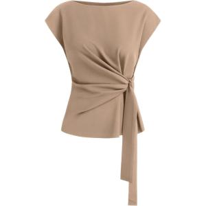 imageBTFBM Womens Tops Summer 2026 Cap Sleeve Crew Neck Tie Waist Blouses Dressy Casual Business Work Clothes Spring FashionKhaki