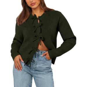 imageBTFBM Bow Cardigan Sweaters for Women Trendy 2025 Fall Winter Open Front Long Sleeve Button Down Cropped Lady JacketArmy Green