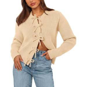 imageBTFBM Bow Cardigan Sweaters for Women Trendy 2025 Fall Winter Open Front Long Sleeve Button Down Cropped Lady JacketBeige