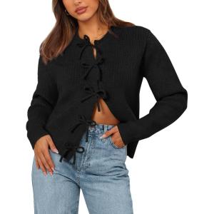 imageBTFBM Bow Cardigan Sweaters for Women Trendy 2025 Fall Winter Open Front Long Sleeve Button Down Cropped Lady JacketBlack