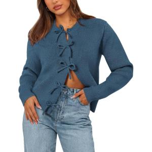 imageBTFBM Bow Cardigan Sweaters for Women Trendy 2025 Fall Winter Open Front Long Sleeve Button Down Cropped Lady JacketBlue