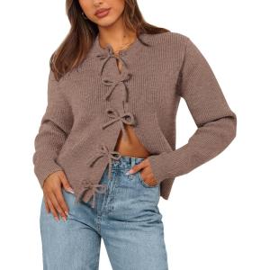 imageBTFBM Bow Cardigan Sweaters for Women Trendy 2025 Fall Winter Open Front Long Sleeve Button Down Cropped Lady JacketBrown