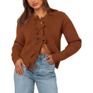 imageBTFBM Bow Cardigan Sweaters for Women Trendy 2025 Fall Winter Open Front Long Sleeve Button Down Cropped Lady JacketCaramel