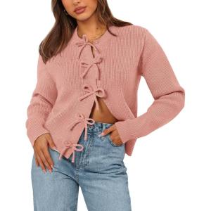 imageBTFBM Bow Cardigan Sweaters for Women Trendy 2025 Fall Winter Open Front Long Sleeve Button Down Cropped Lady JacketPink