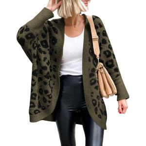 imageBTFBM Leopard Cardigan for Women Long Sleeve Open Front Cardigans Sweaters Pockets Loose Knit 2025 Fall Winter OutwearArmy Green