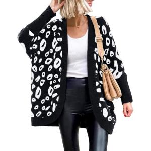 imageBTFBM Leopard Cardigan for Women Long Sleeve Open Front Cardigans Sweaters Pockets Loose Knit 2025 Fall Winter OutwearBlack