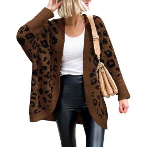 imageBTFBM Leopard Cardigan for Women Long Sleeve Open Front Cardigans Sweaters Pockets Loose Knit 2025 Fall Winter OutwearCoffee