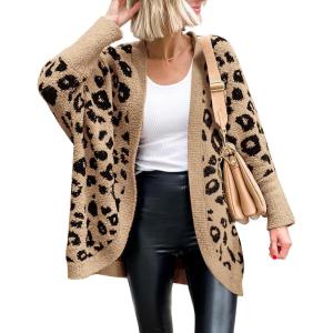 imageBTFBM Leopard Cardigan for Women Long Sleeve Open Front Cardigans Sweaters Pockets Loose Knit 2025 Fall Winter OutwearKhaki
