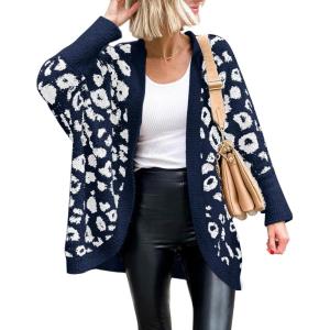imageBTFBM Leopard Cardigan for Women Long Sleeve Open Front Cardigans Sweaters Pockets Loose Knit 2025 Fall Winter OutwearNavy