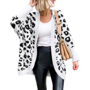 imageBTFBM Leopard Cardigan for Women Long Sleeve Open Front Cardigans Sweaters Pockets Loose Knit 2025 Fall Winter OutwearWhite