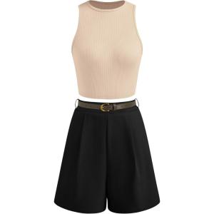 imageBTFBM Two Piece Sets for Women Spring Matching Set Sleeveless Tank Knit Tops Shorts Business Clothing Vacation OutfitsApricotblack