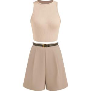 imageBTFBM Two Piece Sets for Women Spring Matching Set Sleeveless Tank Knit Tops Shorts Business Clothing Vacation OutfitsApricotkhaki