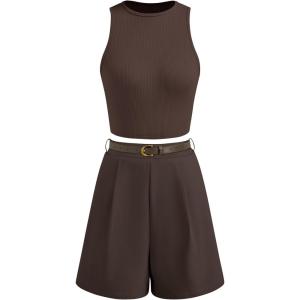 imageBTFBM Two Piece Sets for Women Spring Matching Set Sleeveless Tank Knit Tops Shorts Business Clothing Vacation OutfitsBrown