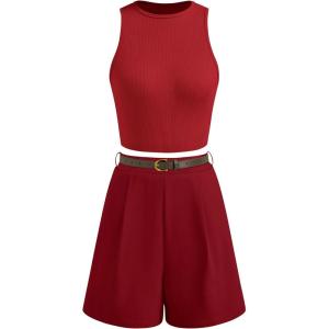 imageBTFBM Two Piece Sets for Women Spring Matching Set Sleeveless Tank Knit Tops Shorts Business Clothing Vacation OutfitsRed