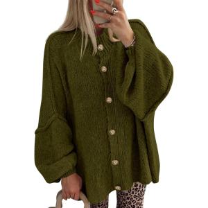imageBTFBM Cardigan Sweaters for Women 2025 Fall Clothes Lantern Long Sleeve Button Open Front Chunky Knit Oversized SweaterArmy Green