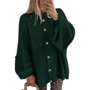 imageBTFBM Cardigan Sweaters for Women 2025 Fall Clothes Lantern Long Sleeve Button Open Front Chunky Knit Oversized SweaterDark Green