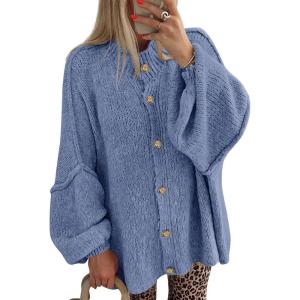 imageBTFBM Cardigan Sweaters for Women 2025 Fall Clothes Lantern Long Sleeve Button Open Front Chunky Knit Oversized SweaterGrey Blue