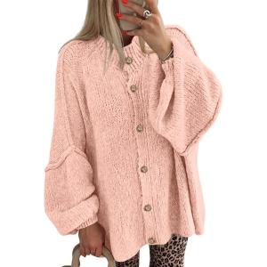 imageBTFBM Cardigan Sweaters for Women 2025 Fall Clothes Lantern Long Sleeve Button Open Front Chunky Knit Oversized SweaterPink