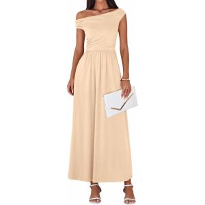 imageBTFBM One Shoulder Dresses for Women Spring 2026 Sleeveless Casual Flowy Pleated Cocktail Party Maxi Sundress PocketsBeige